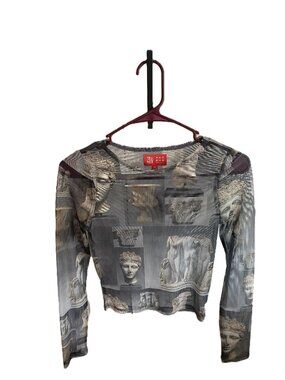 The MET x Pacsun XS Gray Statue-Print Sheer Mesh Long Sleeve Top Artcore